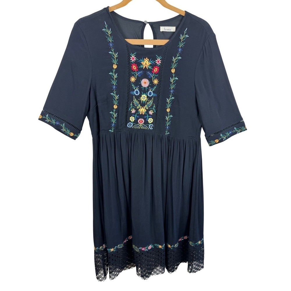 Les Amis Black Floral Embroidered Boho Midi Dress Crochet Lace Hem Large
